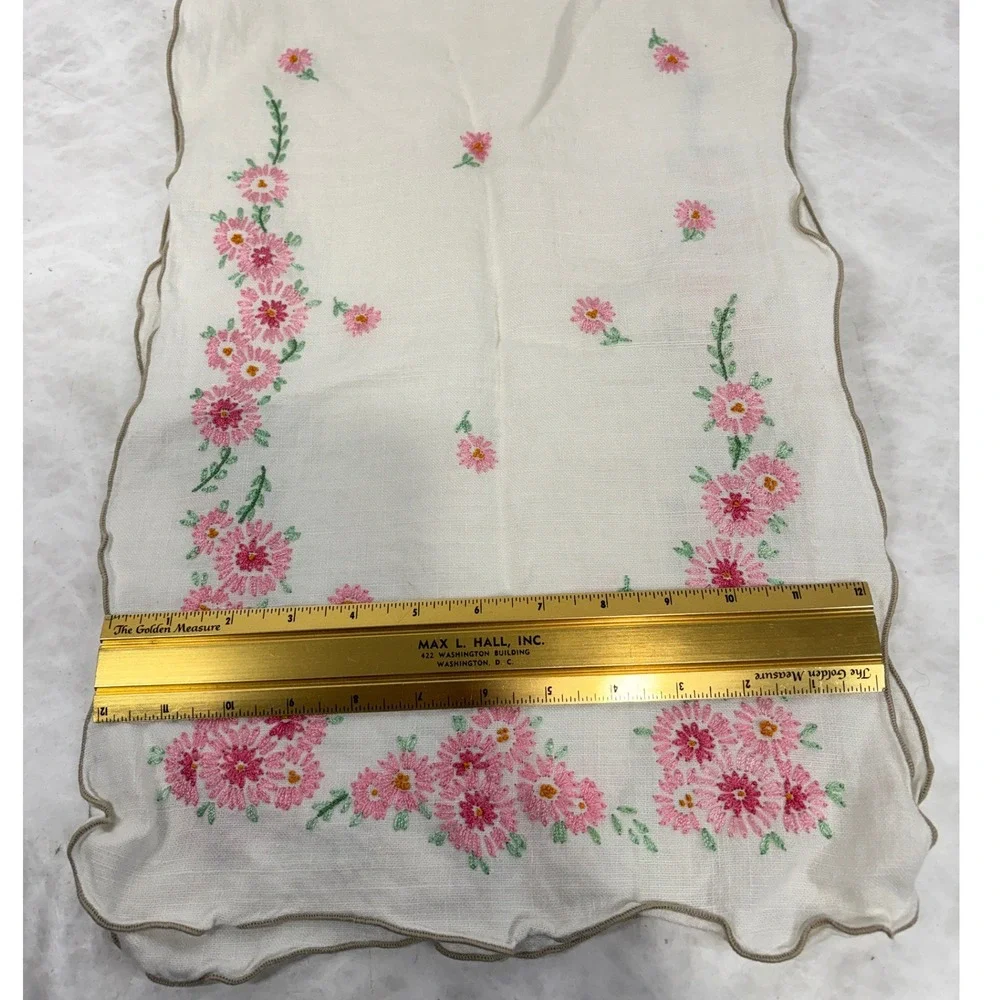 Vintage Hand Embroidered Floral Table Runner Pink Scalloped Edge 38 Inch Cream